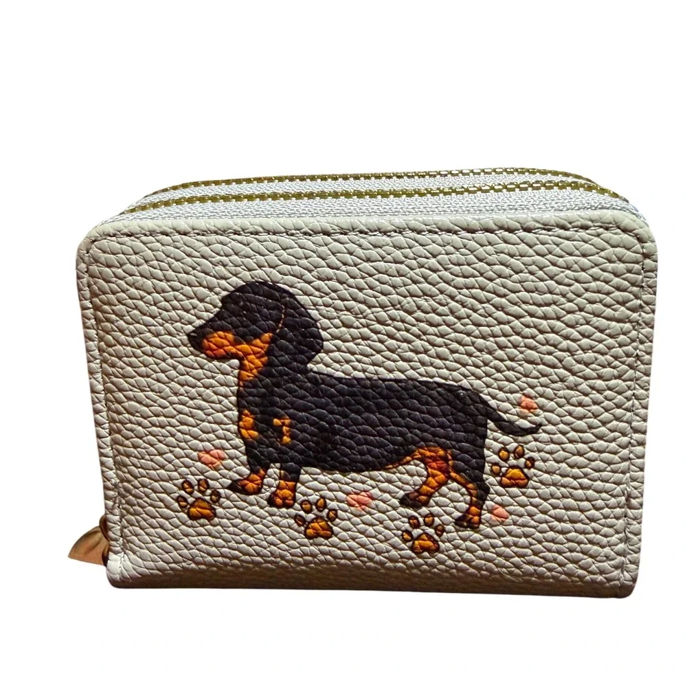 Dachshund Wallet Women Small Beige New Double Zip‎ Accordion